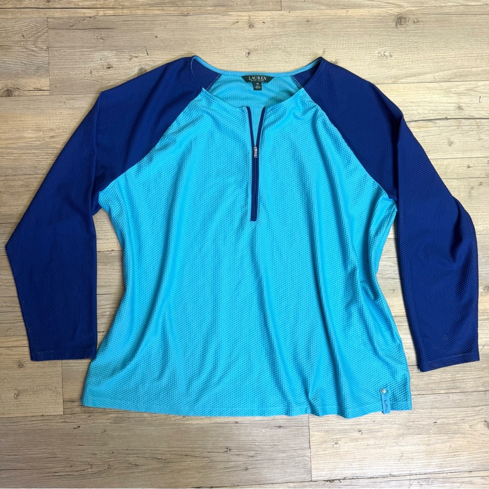 Lauren Ralph Lauren  1/4 Zip Sz 3X Shirt Teal Blue, Waffle Knit Active Swim Top